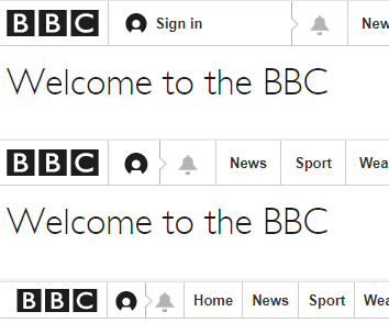 The BBC nav bar layout at the three breakpoints. On large screens there is ample space, on mid-size screens the label “Sign in” has been removed so there is only an icon, and on small screens the size and spacing is compressed.