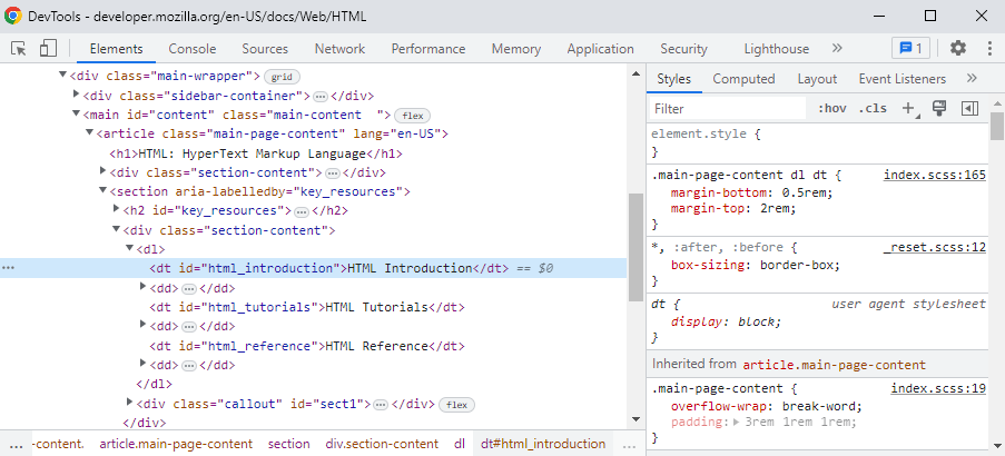 Browser developer tools window