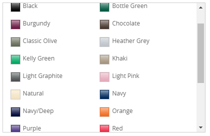 A selectable list of colours where each option has a coloured square and teh name of the colour