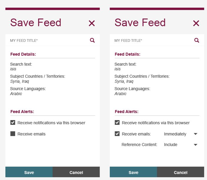 A mock-up of a dialog for saving a feed. It has details on the feed, an option to set a title and checkboxes for receiving notifications in the browser or by email